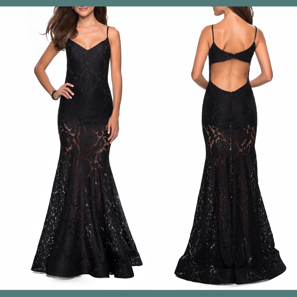 New $478 La Femme Stretch Lace Mermaid Evening Gown In Black [Sz 2 ]
